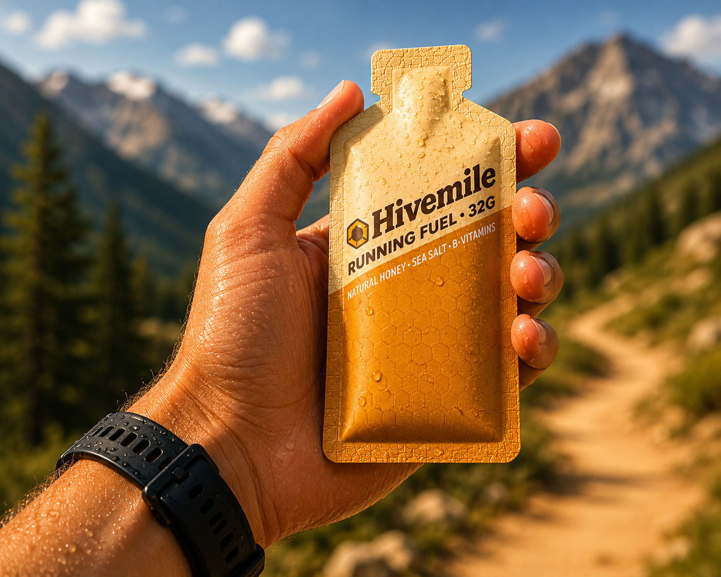Hivemile sachet held against a mountain trail